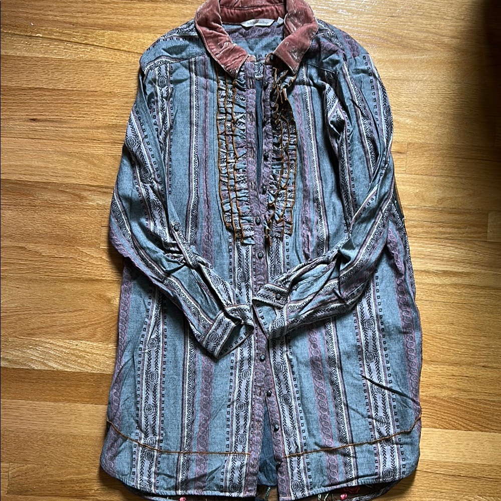 Soft Surroundings Velvet Collar Shirt with Embroidered Stripes